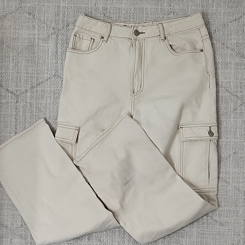 SONG Women's Cream Boyfriend Cargo Jeans